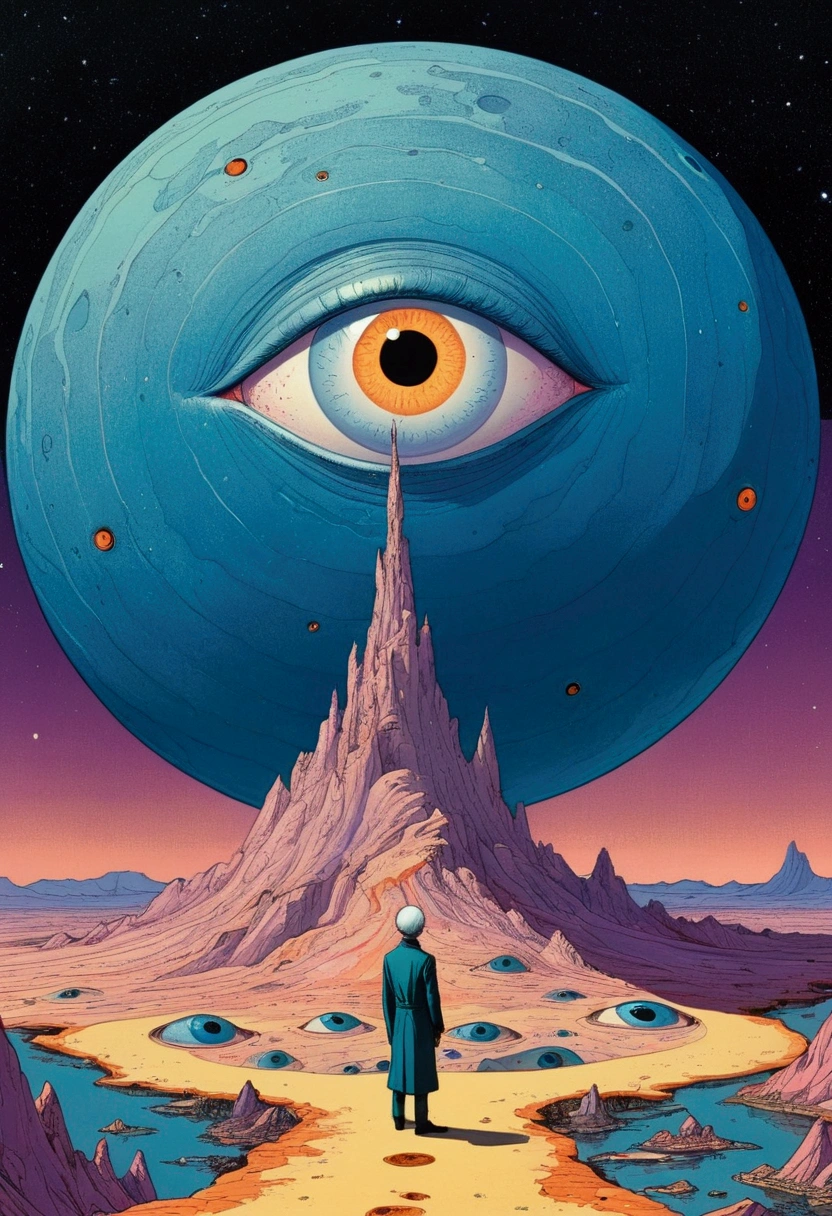 illustration of a man standing on a moon with a giant eyeball, inspired by Mœbius, one eye, eyeball, one-eyed, only eyeball, one - eyed monster, kilian eng. mœbius, big eye, kazuo umezu artwork, inspired by Michael Deforge, giant eyeball, surreal flat colors