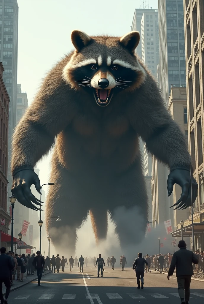 Spawns a giant raccoon destroying the city with its steps while people flee from it