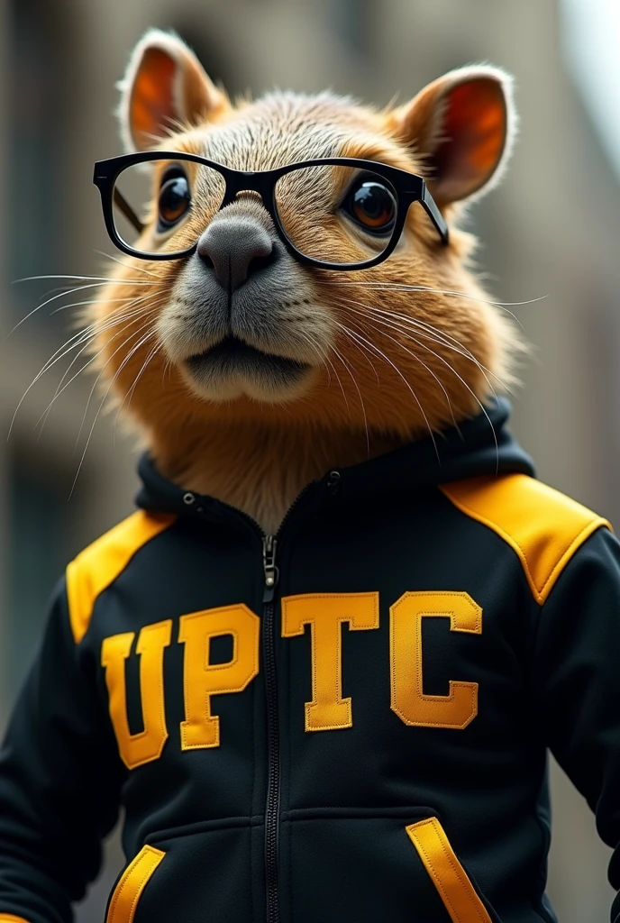 A student capybara, intelligent and revolutionary with glasses and a black and yellow uniform that says: UPTC and its logo says uptc 