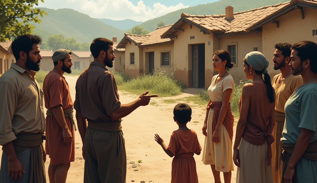 A group of villagers gathered around discussing the events, pointing at various homes with “Nalba” written outside.