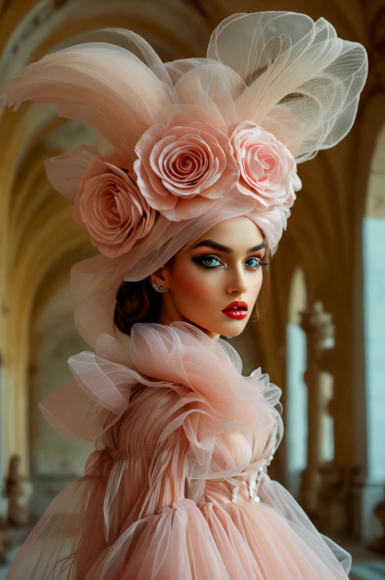 A high-fashion editorial shot with a model wearing an extravagant outfit, set against a surreal, dreamlike background