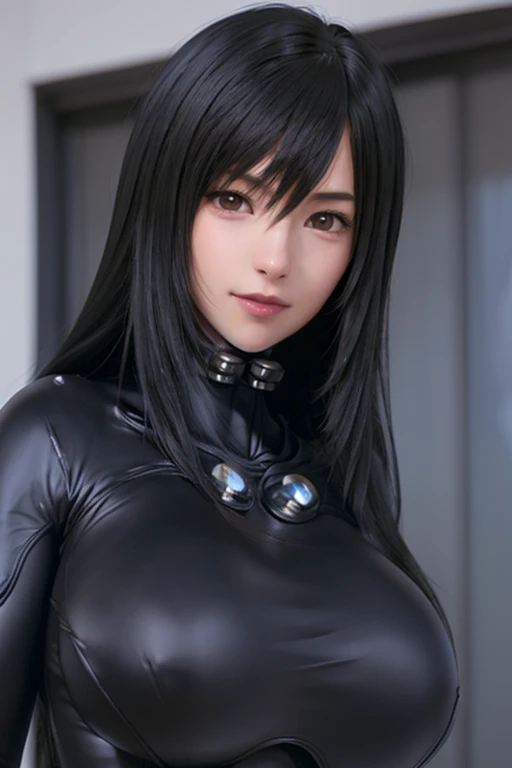 reika\(bodysuit\), masterpiece, (best quality:1.2), ultra-detailed, 1girl, solo, black eyes, black hair, looking at viewer, (huge breasts:1.2), (upper body:1.2), (breast close up:0.9) (smile:0.8), (skin-tight clothing:1.1), (frame the face:1.4), (anime:1.4), (cute face:1.2), (from side:0.7), erect nipples, natural lips,