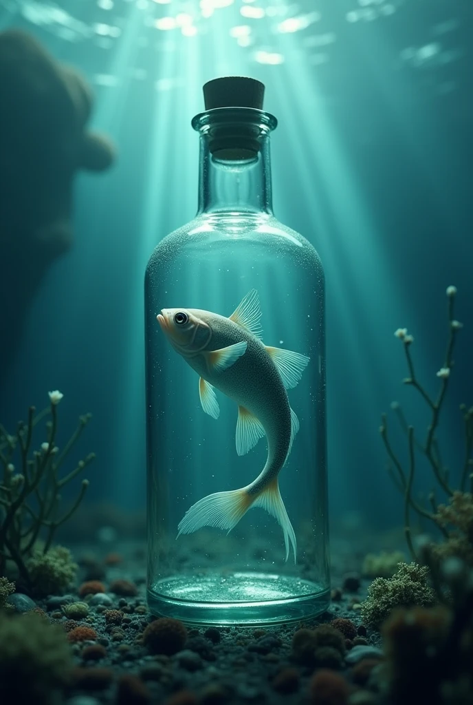 A fish under the deep water in glass bottle
