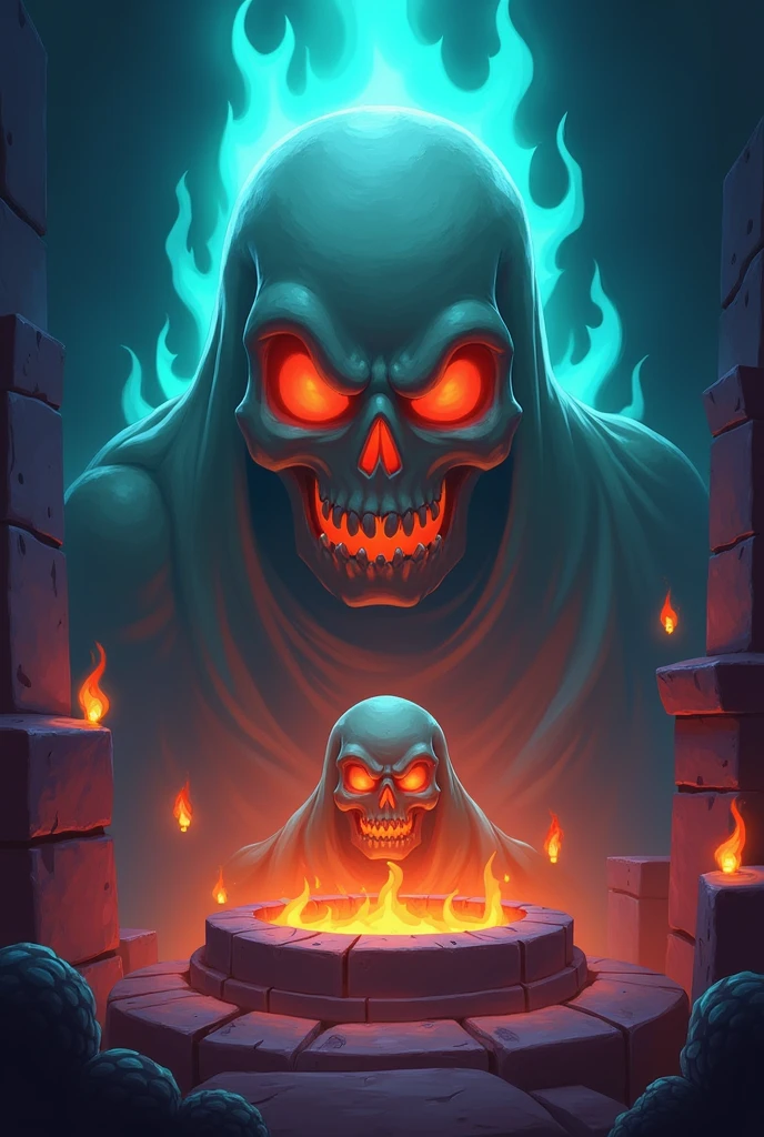 An end-game animation screen in Hearthstone style for Jumara. Stylized, cartoonish dark flames at the bottom, with a menacing skull appearing rapidly at the center, enlarging with an eerie glow. The background is dark and ominous, with shadows enhancing the sense of danger. In the bottom right, a counter with 'X' (1/3) indicates progress toward the game's end. The scene is polished and animated, with the skull and flames creating a sense of impending doom.