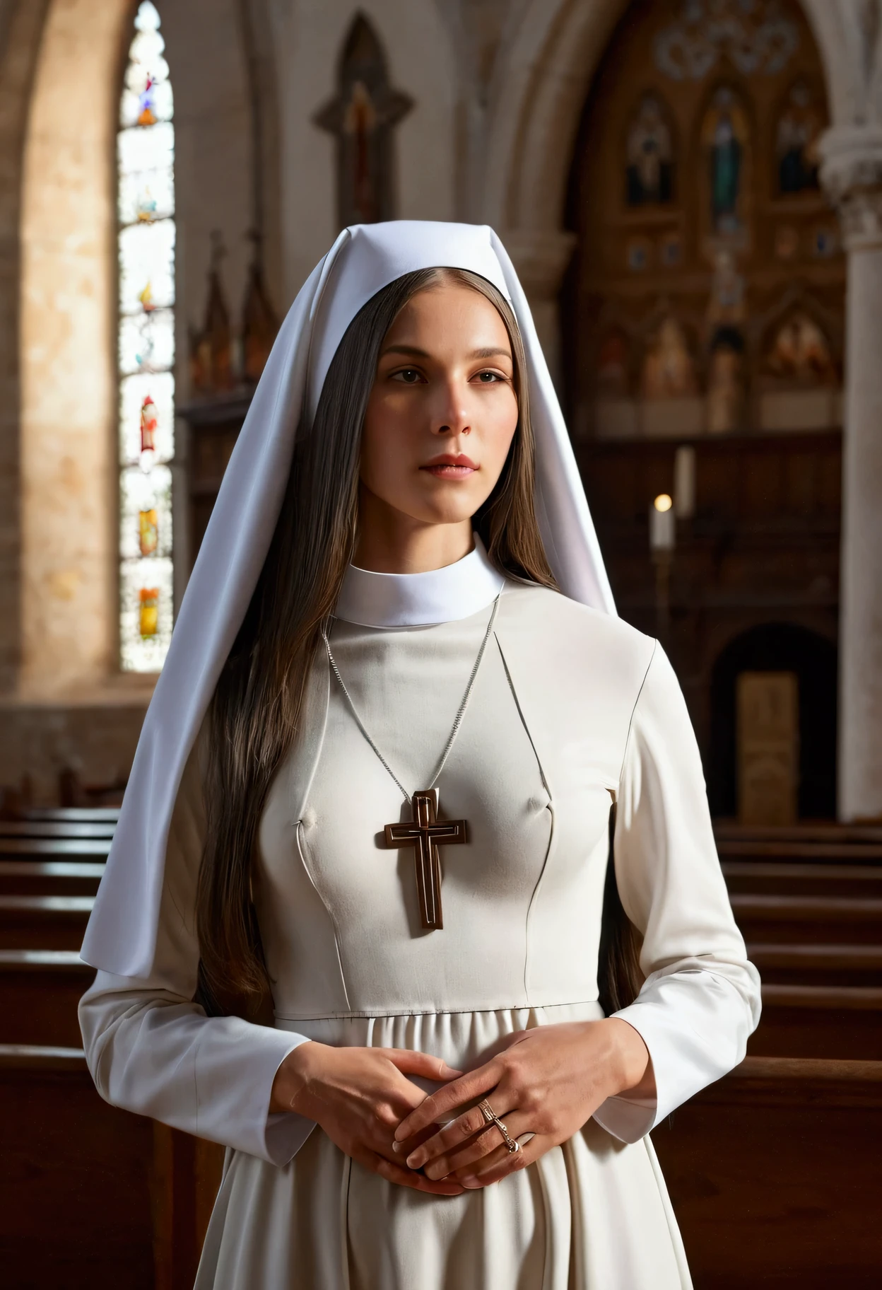 photorealism:1.2), beautiful woman, church nun, long hair, sexy dress, medium chest,slim, Silky hair, open chest, nipples shown out