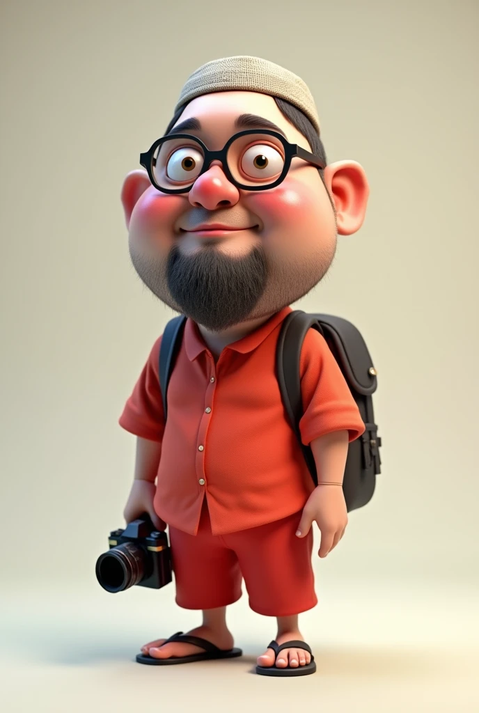 3d caricature, very big head with , photo of an Asian man wearing a muslim hat and thick glasses, reddish nose, chubby cheeks, thin beard, red clothes, 3/4 trousers, flip flops, carrying a camera and backpack