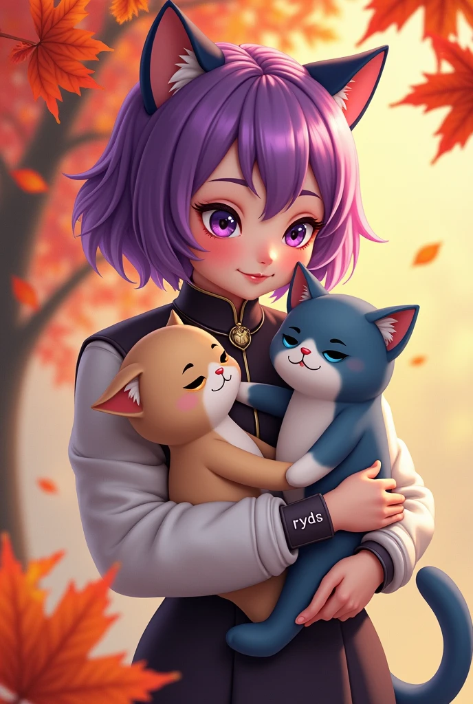 Cat cat anthropomorphic，With maple leaves background，Purple hair and eyes，Conservative clothing for women，Cute personality，Holding a kitten and a baby shark，There are letters RYDS on the arm
