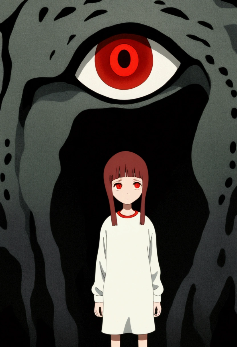 painting of a person standing in front of a red eye, yume nikki, animated film still, still from animated horror movie, inspired by Junji Ito, animation film still, one eye red, red-eyes, visible pupils, inspired by Gertrude Abercrombie, junji ito artwork, eerie and grim art style, red eyes wide open, animation still