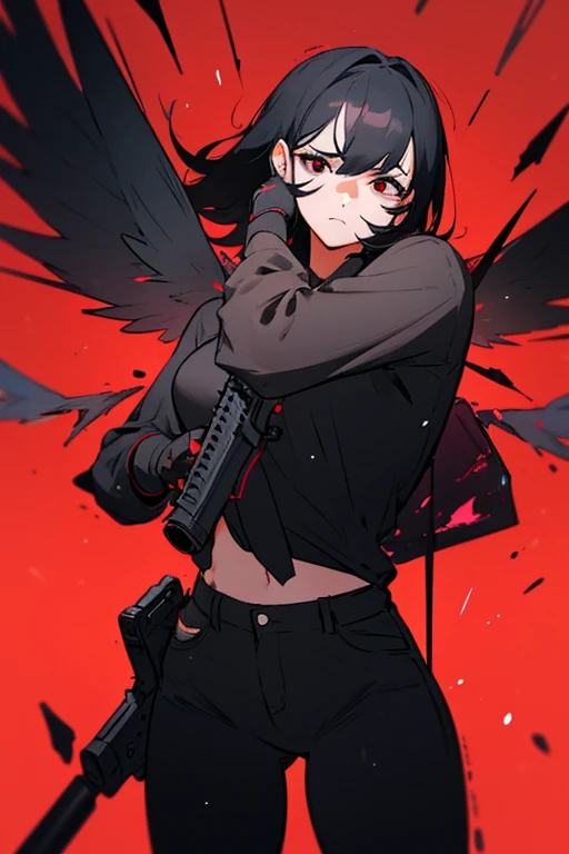 4k, a girl, red background, black hair, wings in her back (black), black jean, and shirt, black eyes, no emotions, neon on her clothes (red), black particles around her, a crack effect on her face, standing still, looking at viewer, holding an m4 (gun), hands on the gun, one tear out of her eye