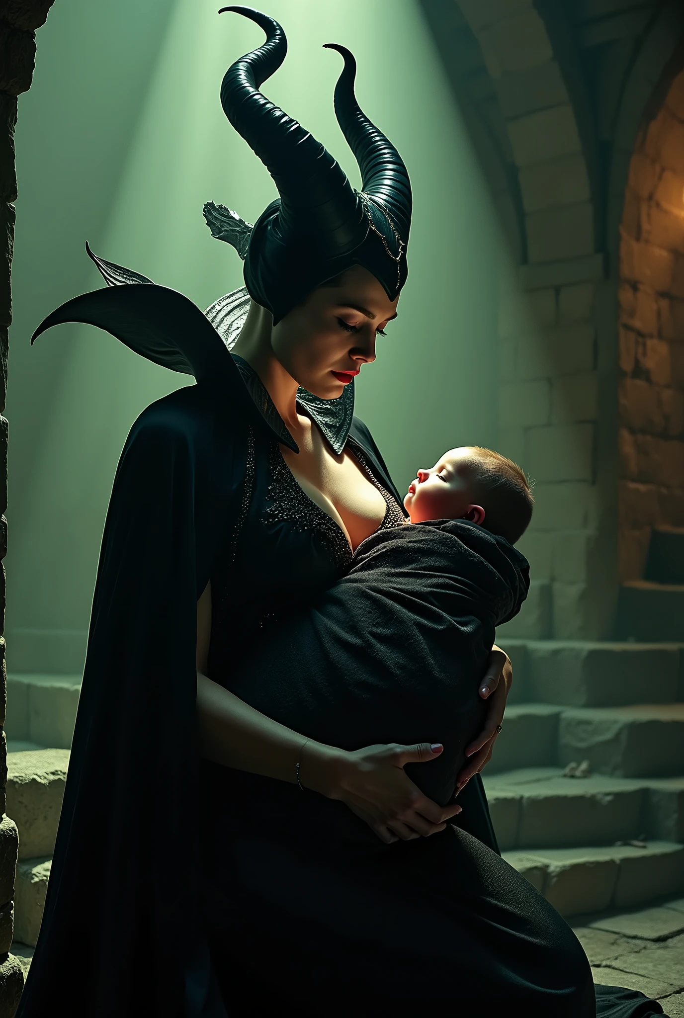 A stunning portrait of Maleficent giving birth in a dungeon 