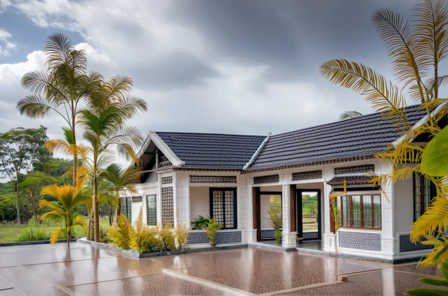 L-shaped one-story house with Thai roof, white walls, porch columns with burnt sand color pattern, gray tile roof, tinted aluminum glass door, garden with trees and miniatures, noon, cloudy sky