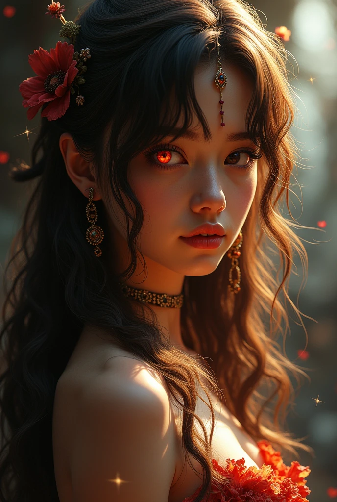 length hair, Brown hair, 1 girl, red eye,jewellery,fang, Sparkle effect, Backlight,