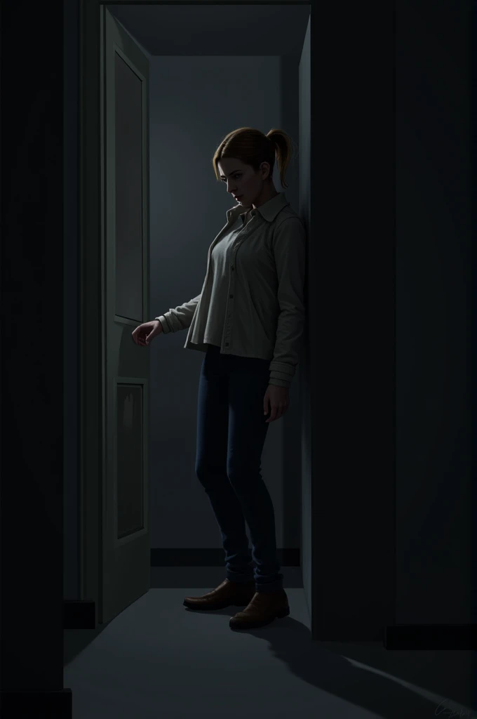 Image of Kesto pushing the door open and stepping into the dark room, visibly anxious.