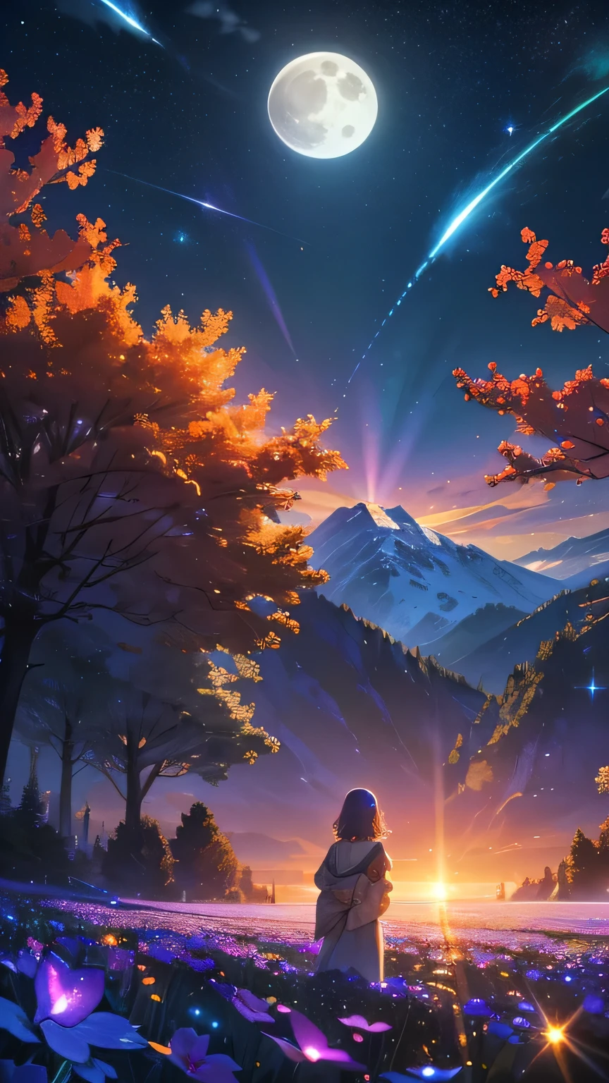 Expansive landscape photograph, (view from below with a view of the sky and the wilderness below), standing in a flower field looking up, (full moon: 1.2), (shooting star: 0.9), (nebula: 1.3), distant mountain, tree break production art, (warm light source: 1.2), (firefly: 1.2), lamp, purple and orange, intricate detail, volume lighting BREAK (masterpiece: 1.2), (highest quality ), 4k, ultra-detailed, (dynamic configuration: 1.4), highly detailed and colorful details (iridescent: 1.2), (sparkling lighting, atmospheric lighting), dreamy, magical, (solo: 1.2)