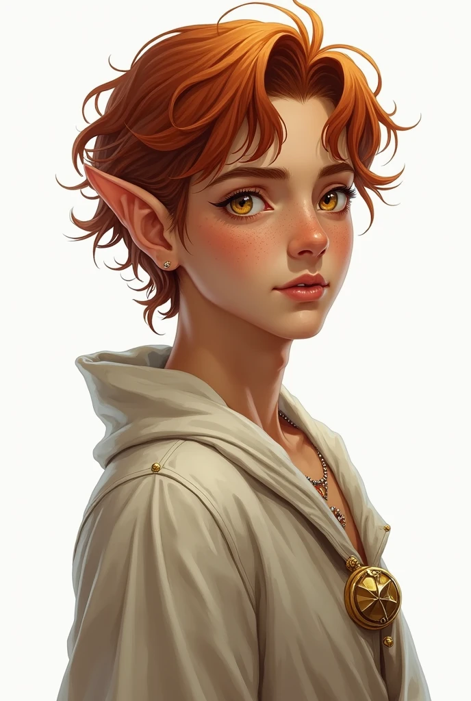 high elf, young adult male, skin tanned, copper colored hair, golden eyes with freckles. magician. Profile for RPG, white background