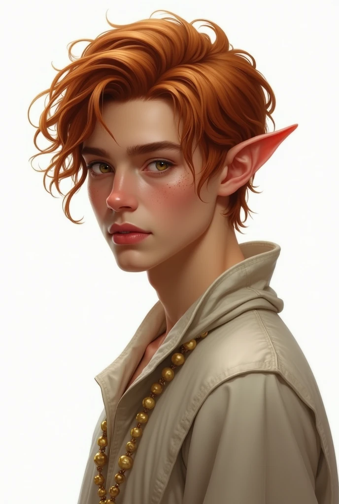 high elf, young adult male, skin tanned, copper colored hair, golden eyes with freckles. magician. Profile for RPG, white background