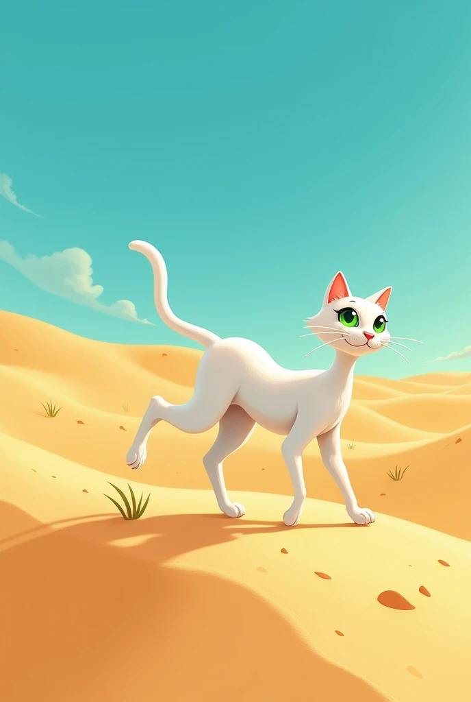 Create a cartoon image of a thin white cat crossing with a sahara.