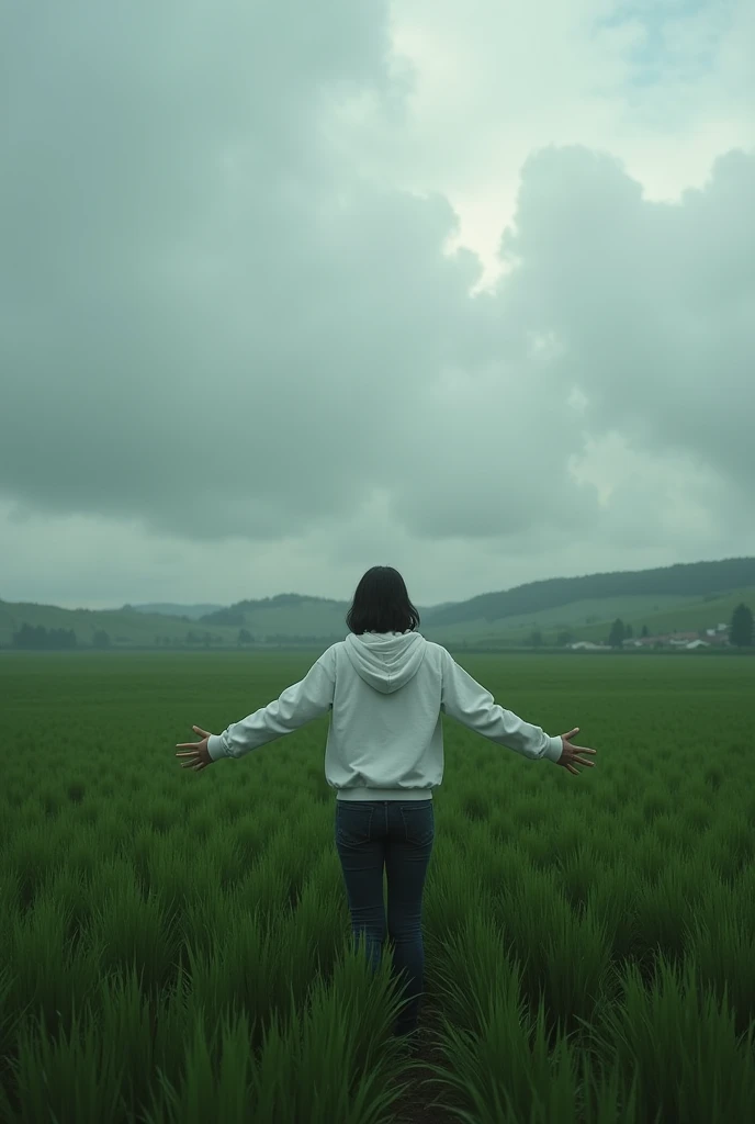 (photorealisam)Create a scene where a person stands amidst a vast, lush green field, surrounded by a serene and moody landscape. The person is dressed in a white hoodie, slightly turned away, with arms outstretched, embracing the natural surroundings. The sky above is overcast with thick clouds, adding a dramatic touch to the atmosphere. In large, bold text overlay, include a poignant phrase like "Some Stories End without Goodbyes" to evoke a sense of reflection and contemplation. The overall mood is calm yet introspective, with a blend of nature's beauty and the quiet strength of solitude.