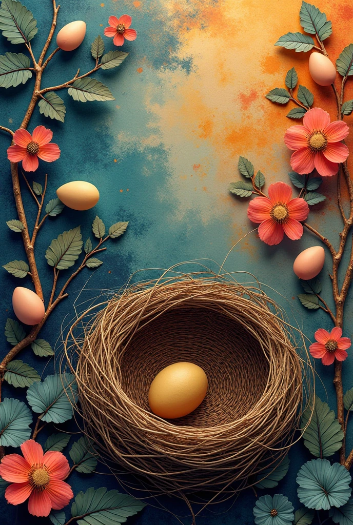Hand crafted lippan art and empty nest with colourful background 