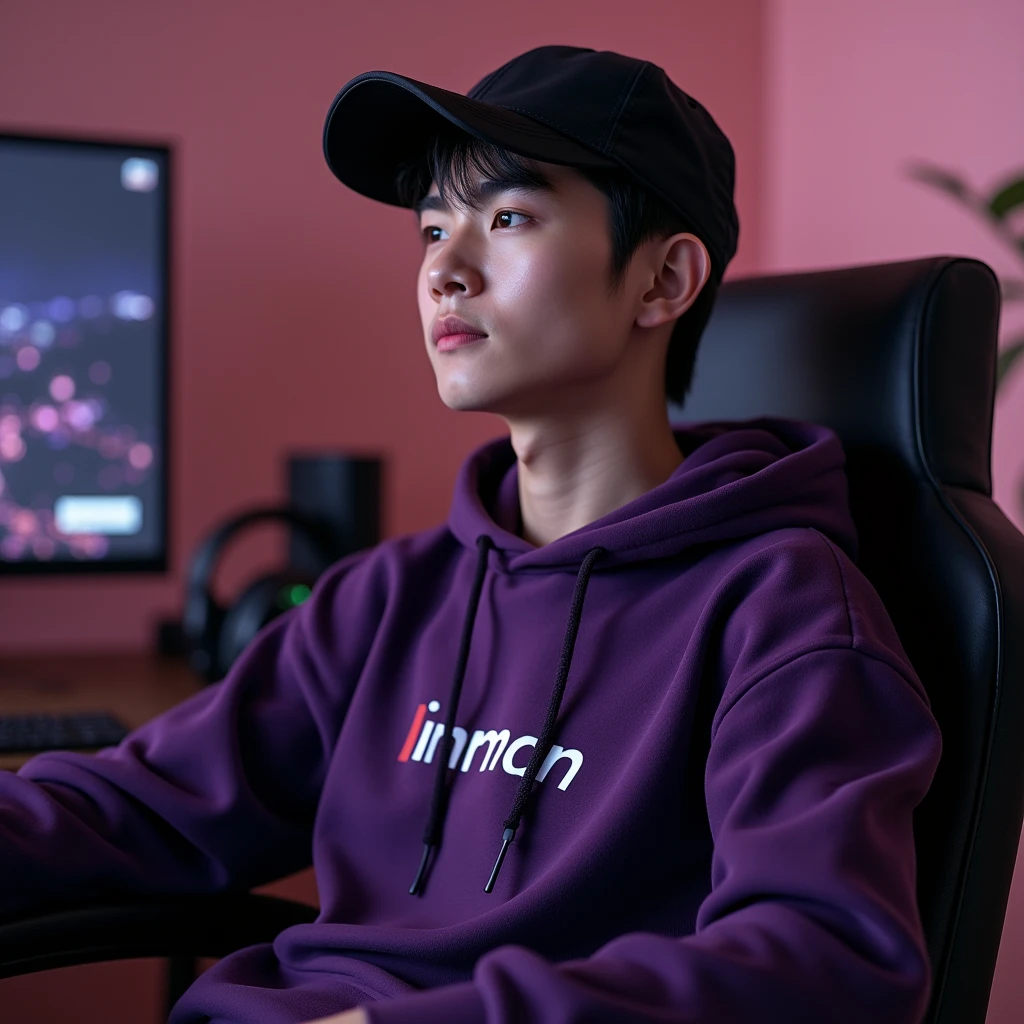 
A handsome white Korean man sitting on a gaming chair wearing a dark purple polite hoodie , while wearing a black ball cap with the name on the hoodie " imman "