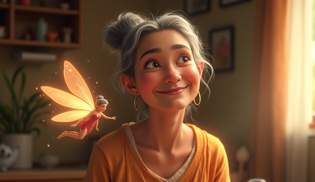 Generate a realistic photo.Image: Chintu’s mother looking healthy and happy at home. The fairy is beside her, adding a magical glow around her, indicating her well-being.