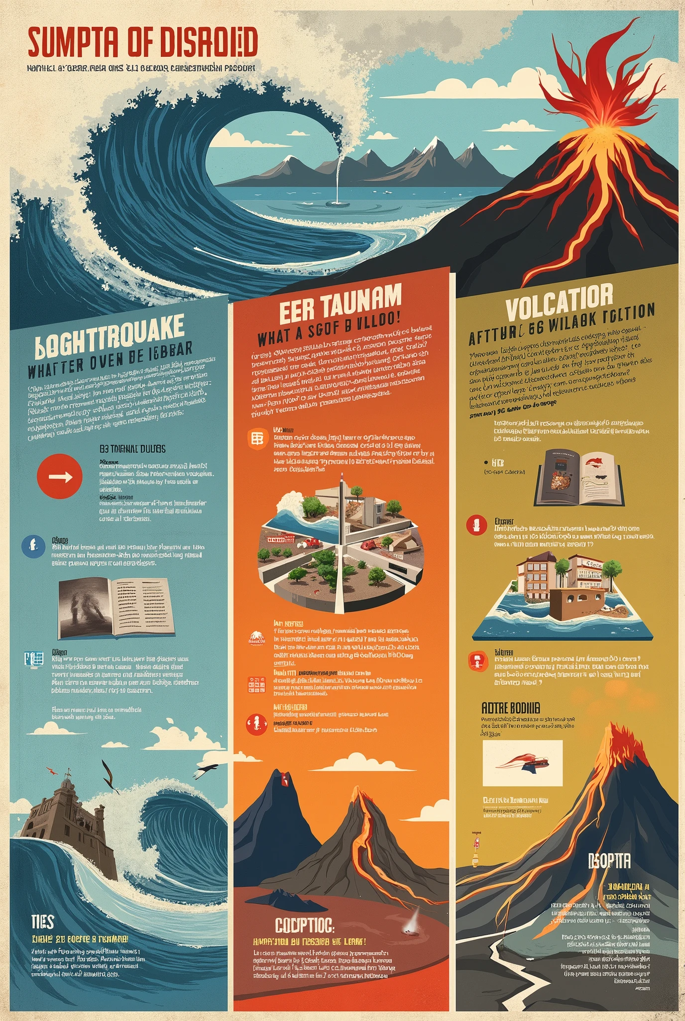 Bold, textured, illustrative tri-fold brochure featuring detailed information on earthquake, tsunami, and volcanic eruption preparedness. The brochure includes sections on what to do before, during, and after each disaster, using eye-catching visuals and clear, concise text.