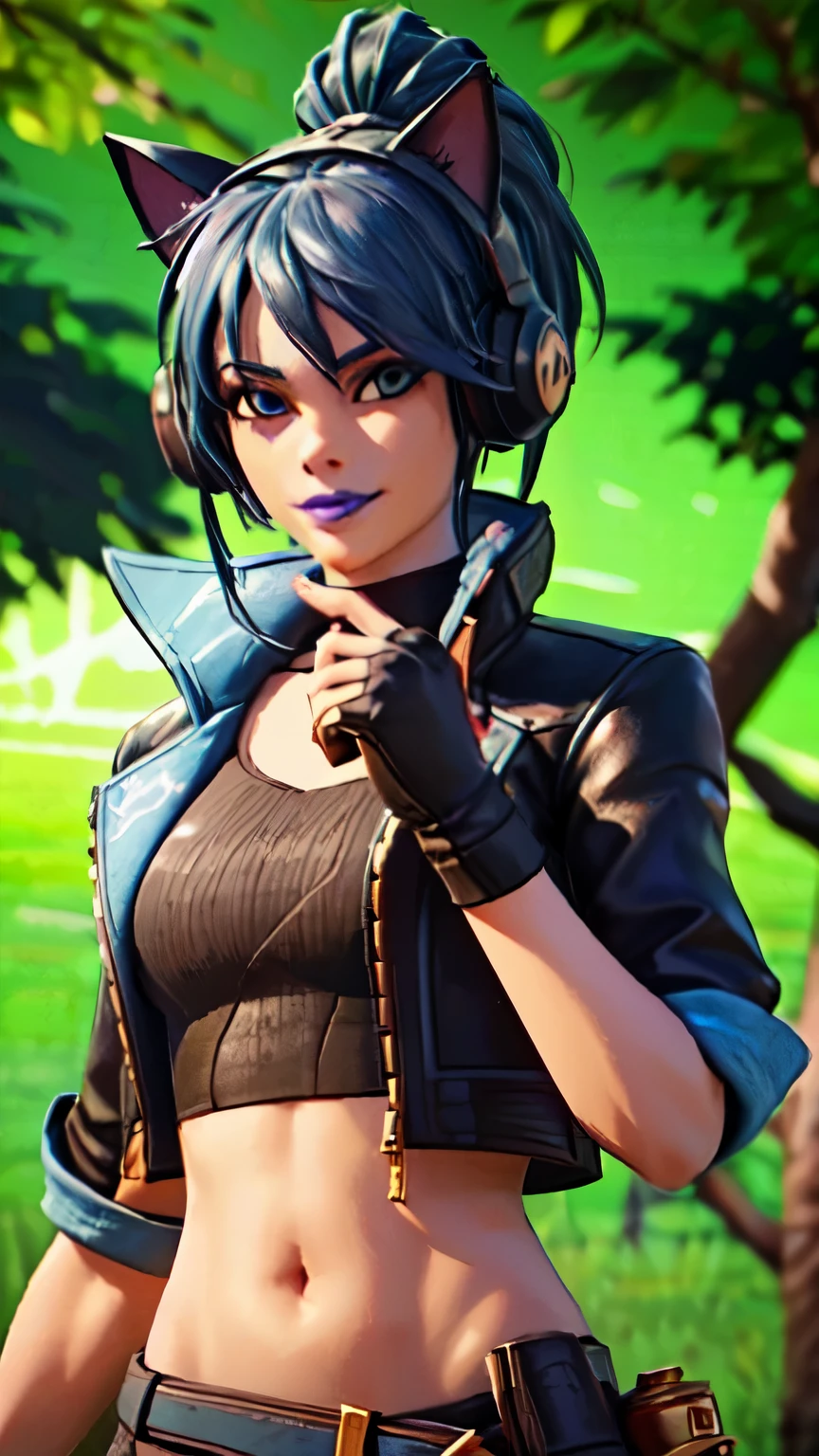 Forest background, 1girl, solo, HeroicHopeFN, Heroic Hope from fortnite, (crop top, black top, open clothes), (jacket crop top, black jacket, blue loose, jacket loose), fingerless gloves, black pants, blue belt, blue hair, ponytail, blue eyes, headphones, cat ears headphones, holster, holster spray cans, purple lips, lipsticks, smirk, looking at viewer,