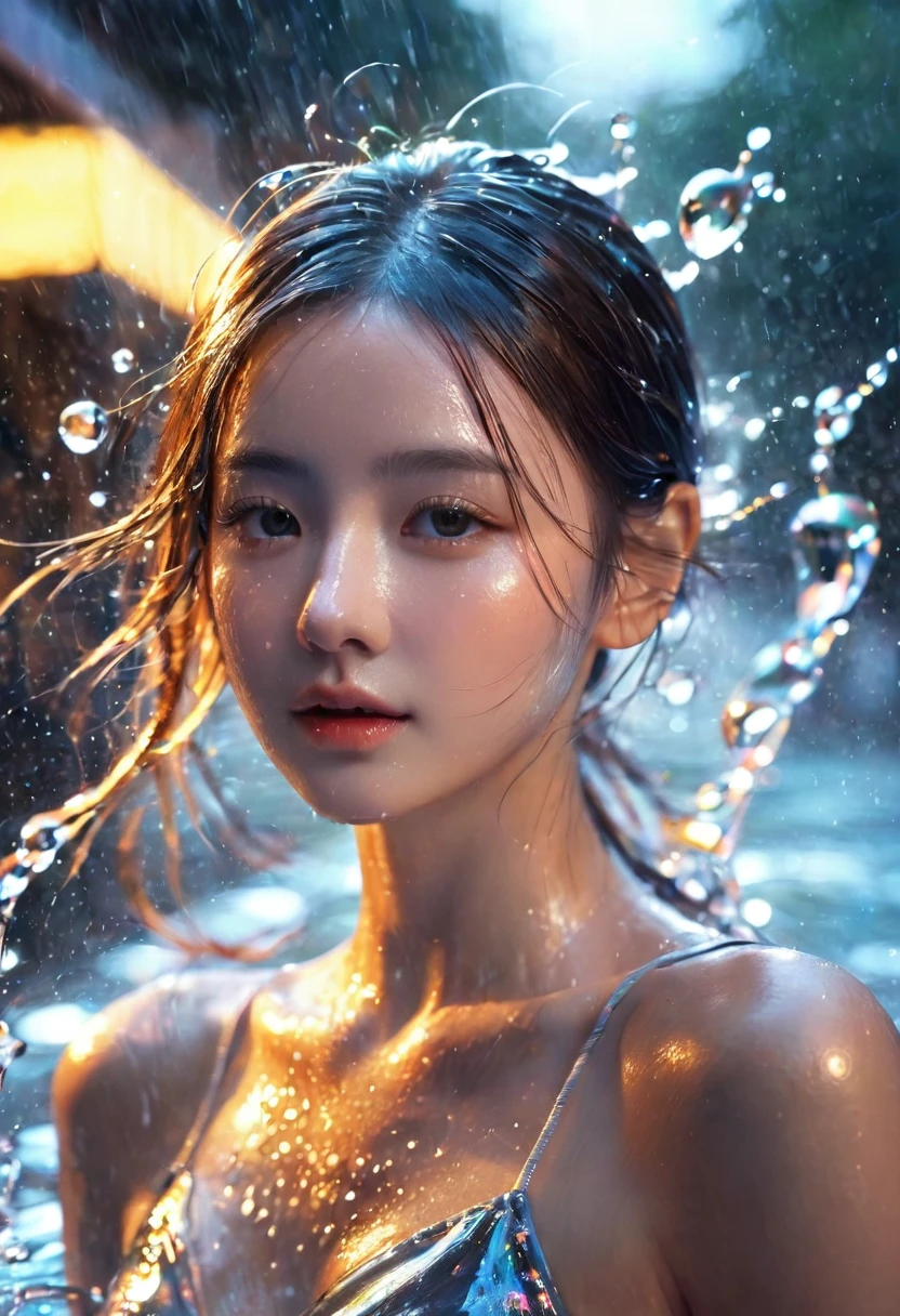 1 girl，fair，Shiny，Motion blur，Water Drop，Cinematic lighting effects
