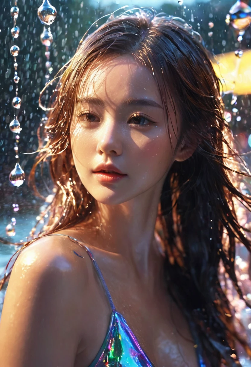 1 girl,fair,Shiny,Motion blur,Water Drop,Cinematic lighting effects