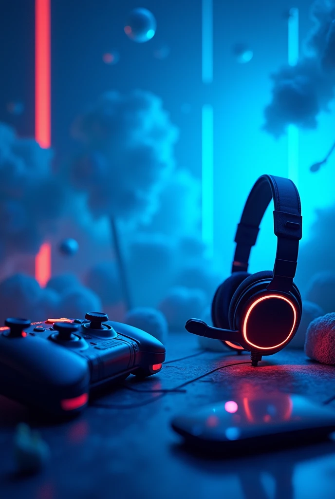 Banner for social networks with different shades of blue and gamer objects 