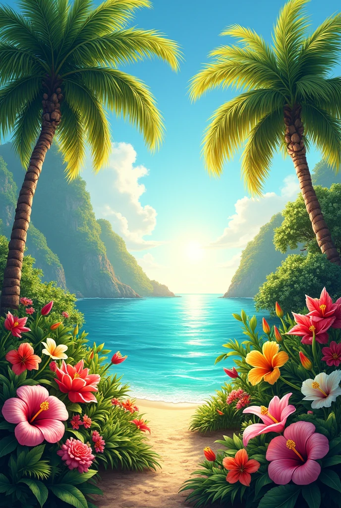 A beautiful flowery landscape with palm trees and sea and the sun shining 