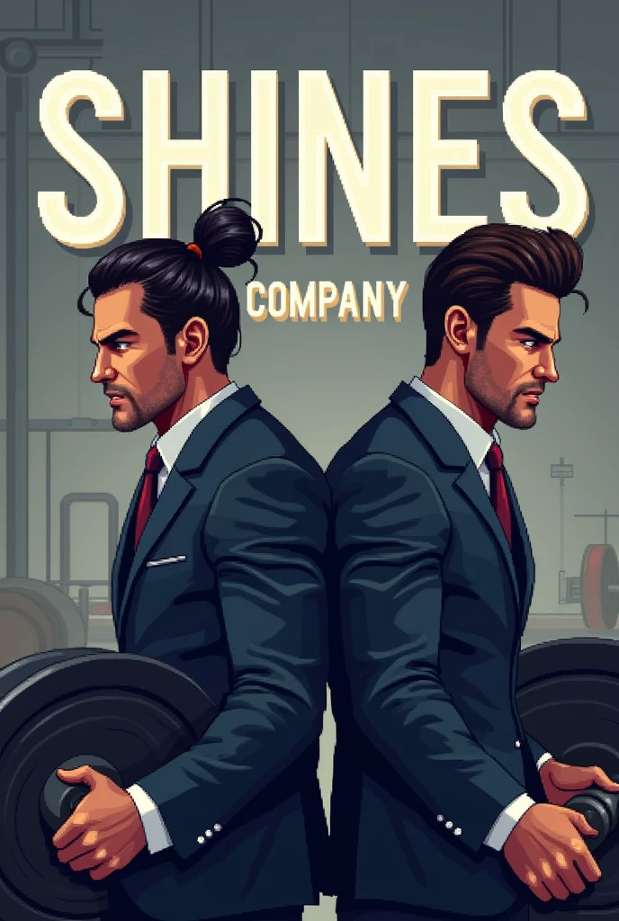 art all done in pixel art.
First Man: He is wearing a smart suit, Dark in color, such as black or navy blue, and her hair is tied in a bun. He is in a weightlifting pose, with tense muscles and a face showing great strength and effort. The facial expression is intense, with frowning eyes and slightly open mouth, highlighting physical effort.
Second Man: Next to the first, there is a second man with short pompadour hair, and a thinner face. He has a brown skin color and is also lifting weights., with an expression of concentration and determination. The topknot hair is drawn with details, as if it were well combed.
In the background of the image, is written "Shines Company" in large, visible letters. The text is designed to blend into the setting, with a shine or highlight effect, so that it stands out without distracting from the characters and the weightlifting action.
THE BACKGROUND IS SIMPLE, possibly with some gym equipment or a neutral pattern, to keep the focus on the men and the text. Lighting should highlight both characters and weights, with shadows to add depth and realism to the scene. the art all made in pixels