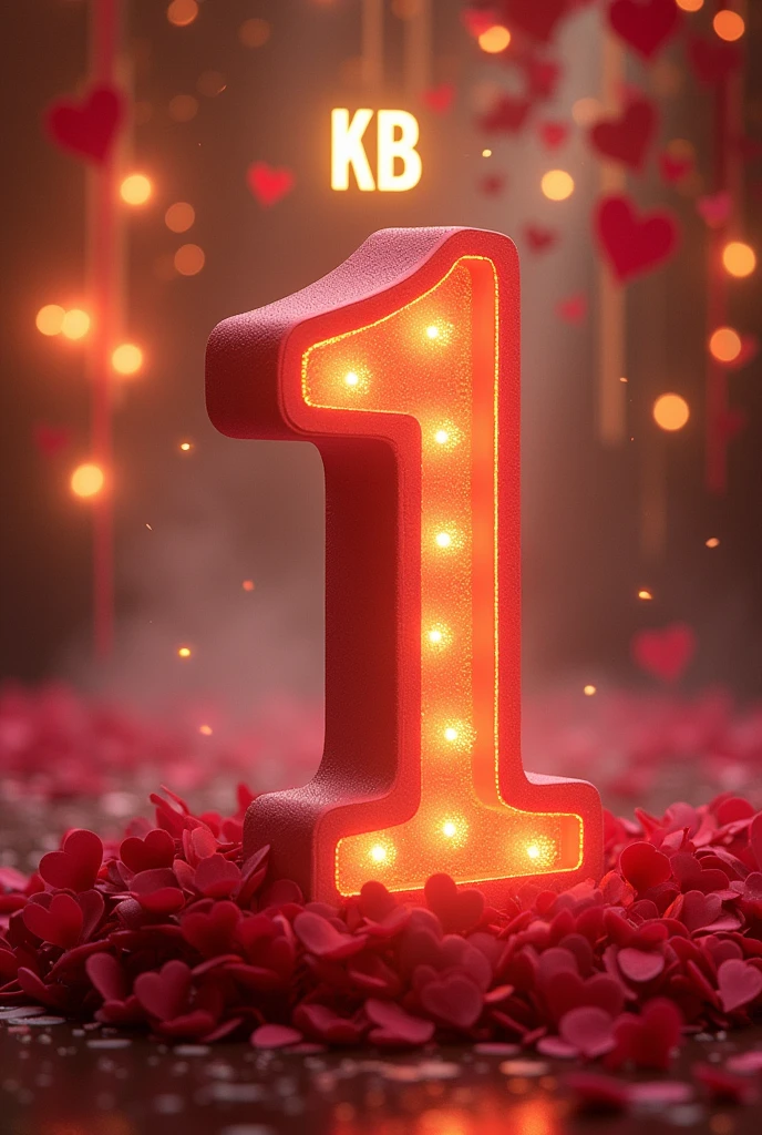 write Boldly "KB" at the Top, A big number "1", write "Year Anniversary" at the bottom of the number, background romantic celebration