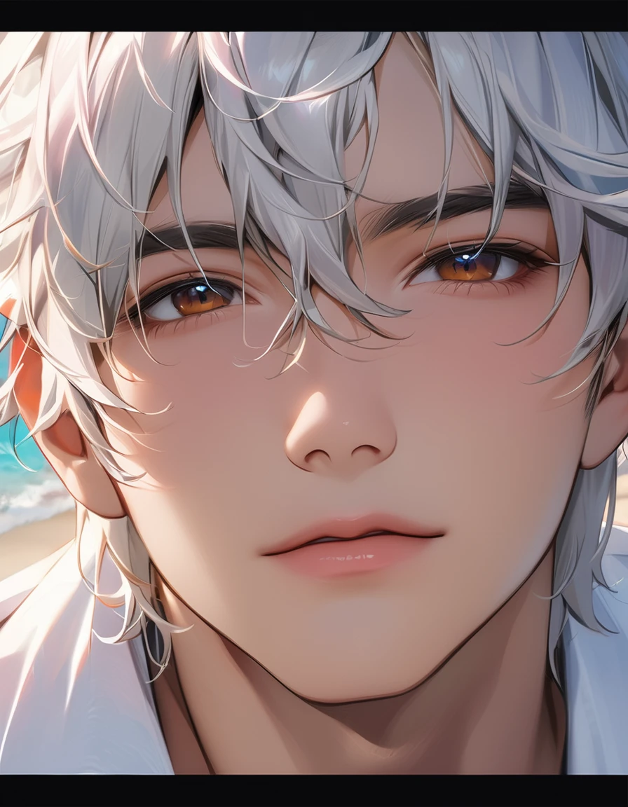 Raw 16k ultra high definition vibrant color masterpiece, 1.12), Describing the emotions captured in a close-up of a white-haired man's face, Perfect hair and glasses, With a neat white beard, Wearing《Cyberpunk 2077》gaming inspired jacket. The setting reflects the game's dystopian future environment, have《Cyberpunk 2077》Elements of Mid-City Characteristics.
