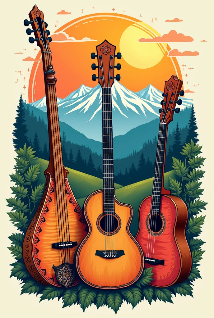 Tshirt print with instruments like sarangi mandolin guitar and madal logo with essence of nepalese scenery