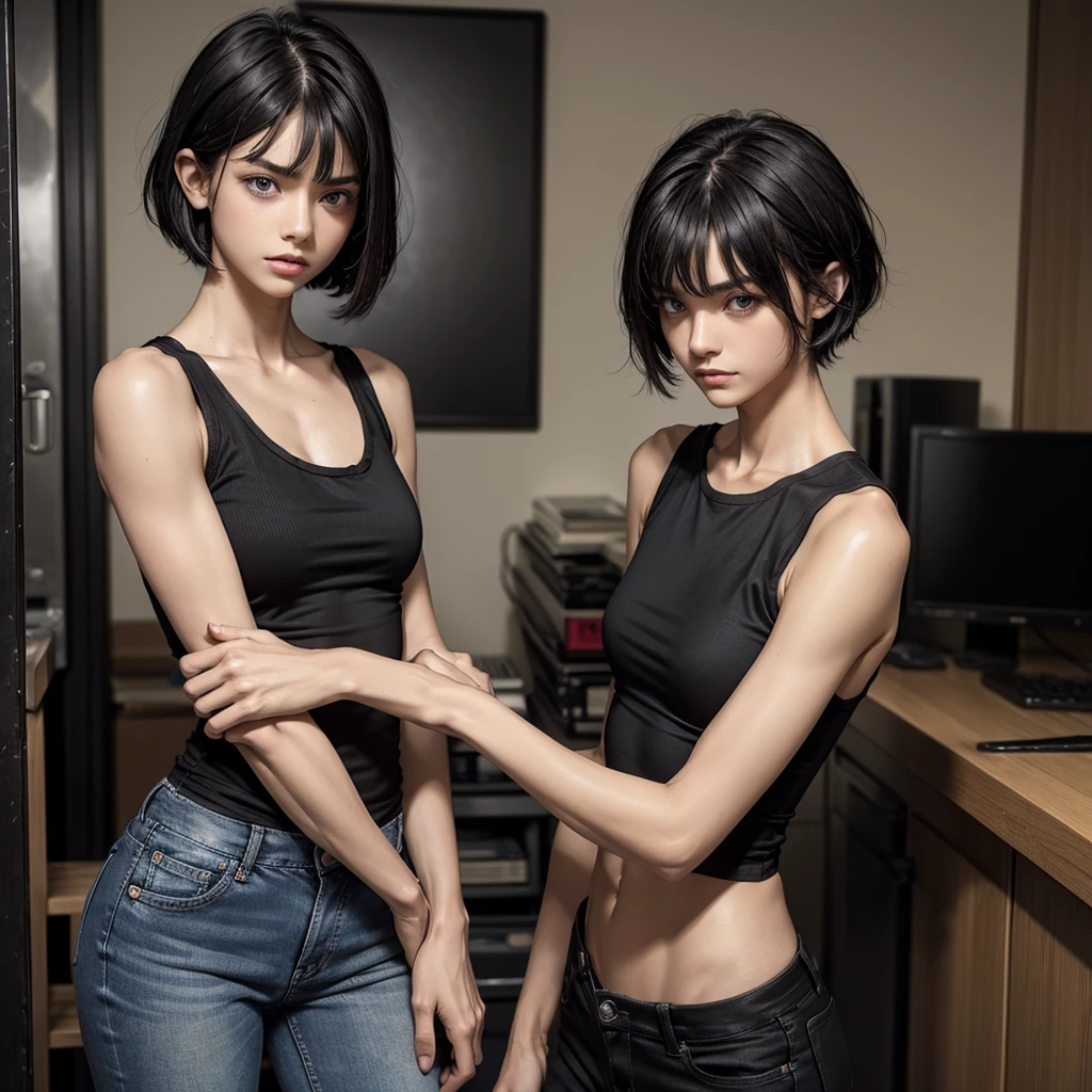man. A bit thin, but has muscles. Beautiful serious face, eyes are narrow. Black short hair with bangs, on the left side. Dressed in a tight black sleeveless T-shirt with a long neck and jeans.