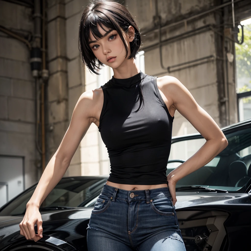 man. A bit thin, but has muscles. Beautiful serious face, eyes are narrow. Black short hair with bangs, on the left side. Dressed in a tight black sleeveless T-shirt with a long neck and jeans.