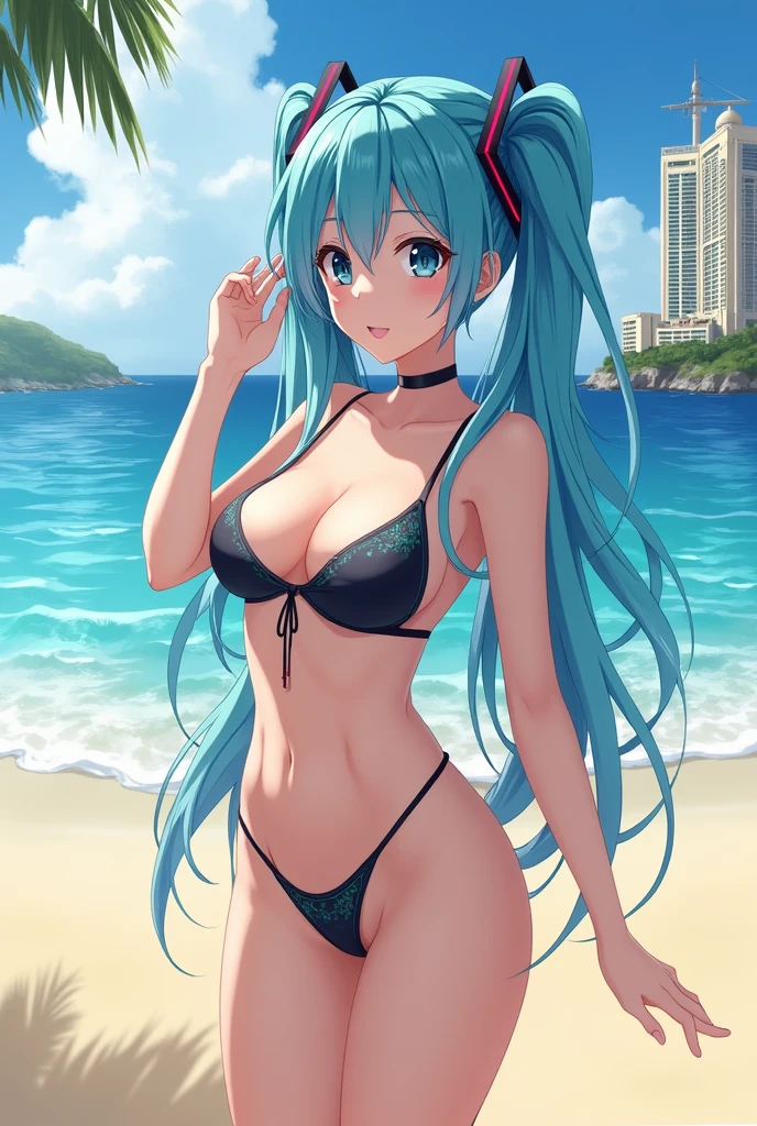 Hatsune miku oppai on a beach with a hotel in the background