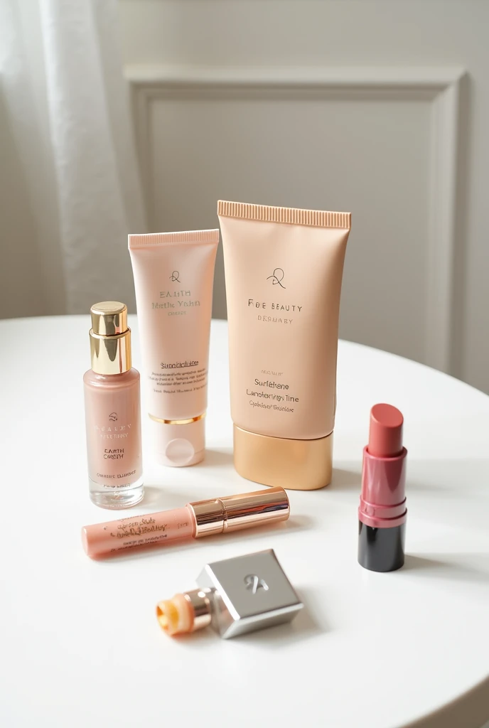 I need a aesthetic picture for my story in which there should me makeup products such as FAE bueaty sunscreen,earth rhythm lip cheek tint and gloss on a white table use it as background and make it look quite sassy make it look like it's been clicked by phone and things I mentioned pls provide only that product and let them lay on the table