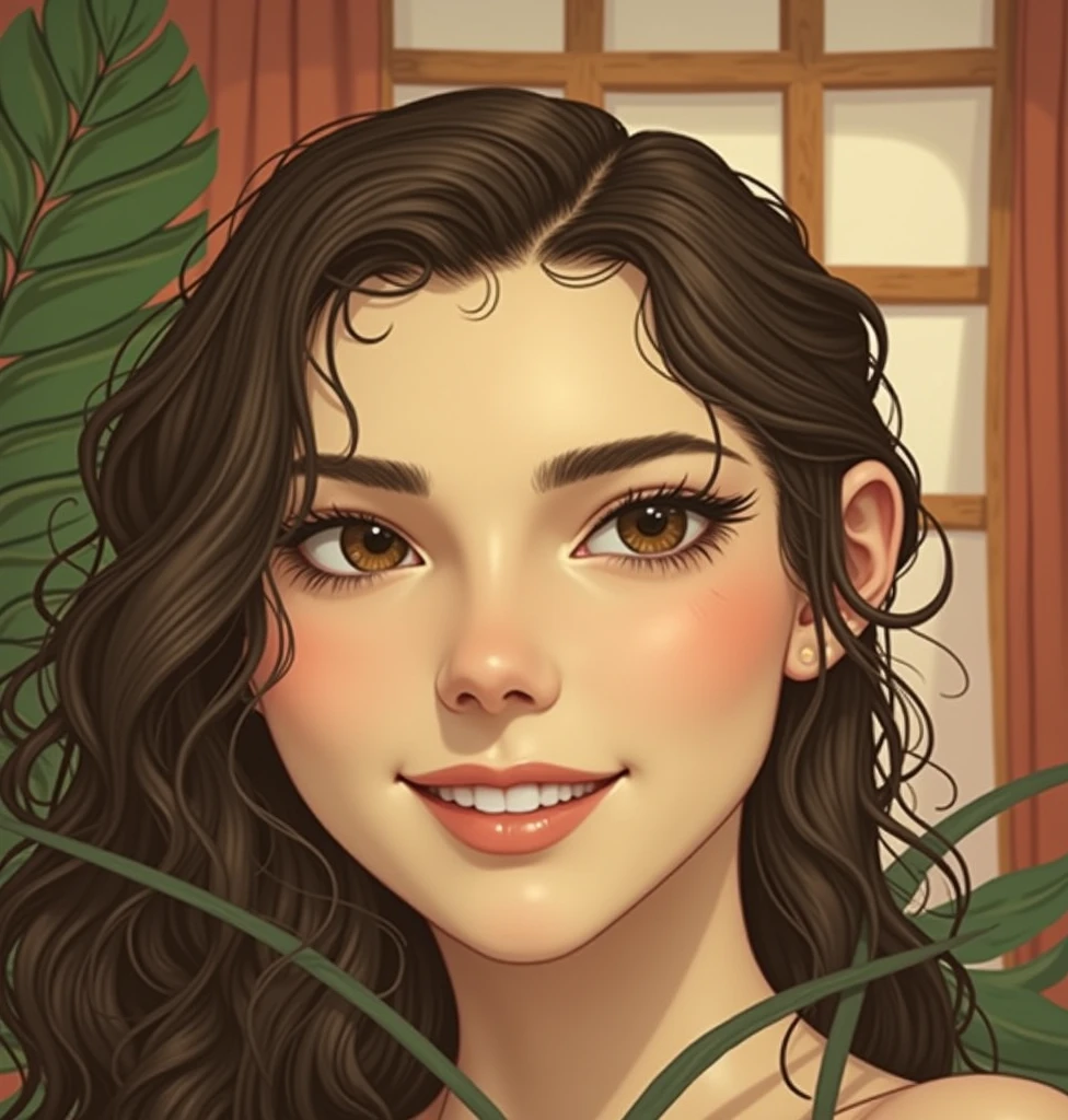 (photorealism:1.2), beautiful woman, sitting on bed, wearing nothing total nude, big breast, long curly hair, indoors, soft lighting, plants in background, window with sunlight, cozy room, relaxed pose, realistic, intricate details, warm colors, by Greg Rutkowski, by Alphonse Mucha