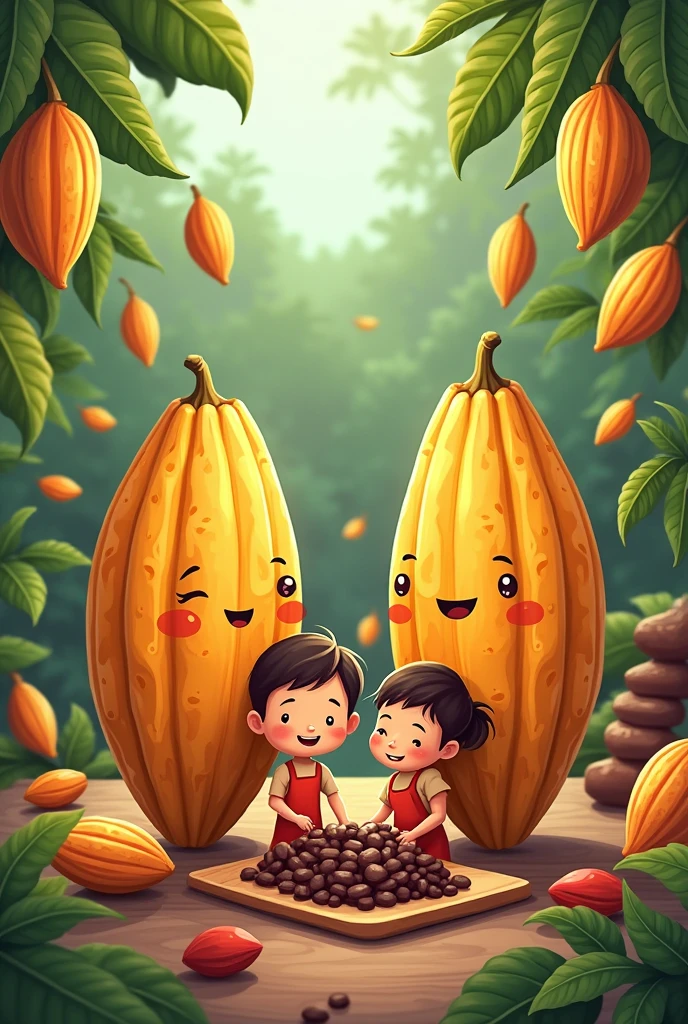 cocoa fruit with family making the transformation into chocolate cute drawing