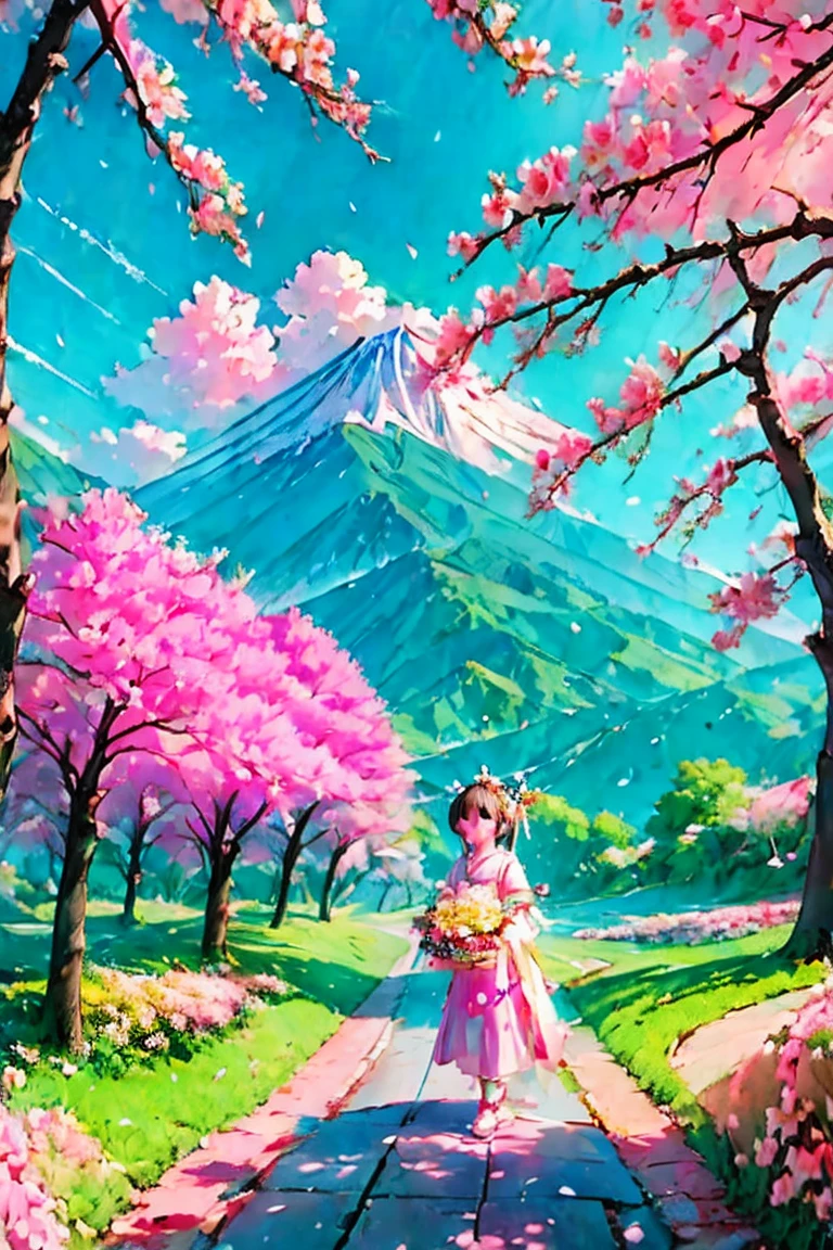 (masterpiece, best quality), a cute chibi girl anime character, medium short colorful hair, mythology, traditional asia dress, gorgeous accesories, holding a flower basket, high detailed, pastel color mood and tone background