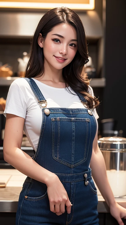 A realistic photorealistic portrait of a radiant barista girl standing at the coffee shop counter, in tight dark blue denim overalls, beautiful breasts, Her eyes sparkle with a vibrant reflection of the coffee she crafts, complemented by a captivating and flirtatious smile, elegance pose ,medium long shot, low key light ,dim light background