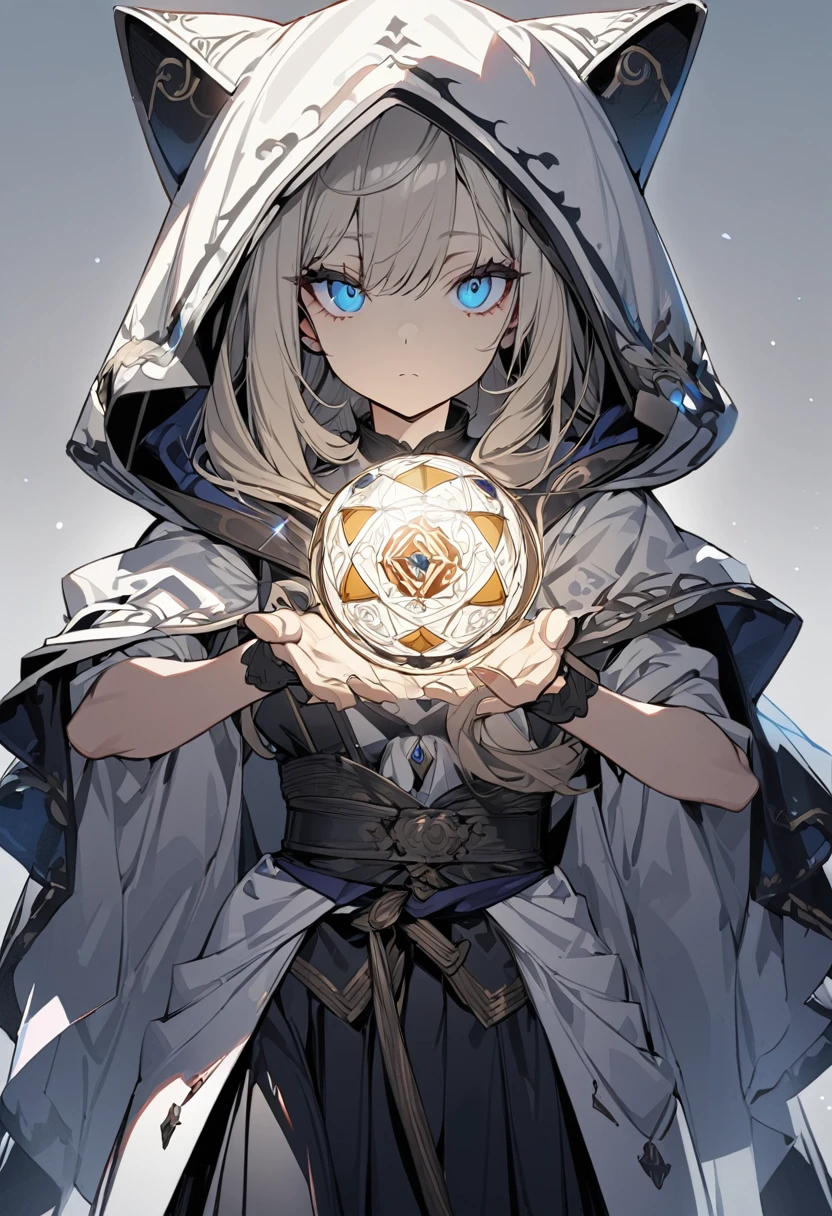 One girl, masterpiece, Highest quality, Beauty, Expressionless, Platinum Blonde, Asymmetrical hairstyle, Vertical eyes like a cat, Blue Sky Eyes , Cloak with hood, A long dark skirt, fortune teller, Up to the waist, Gray background, anime