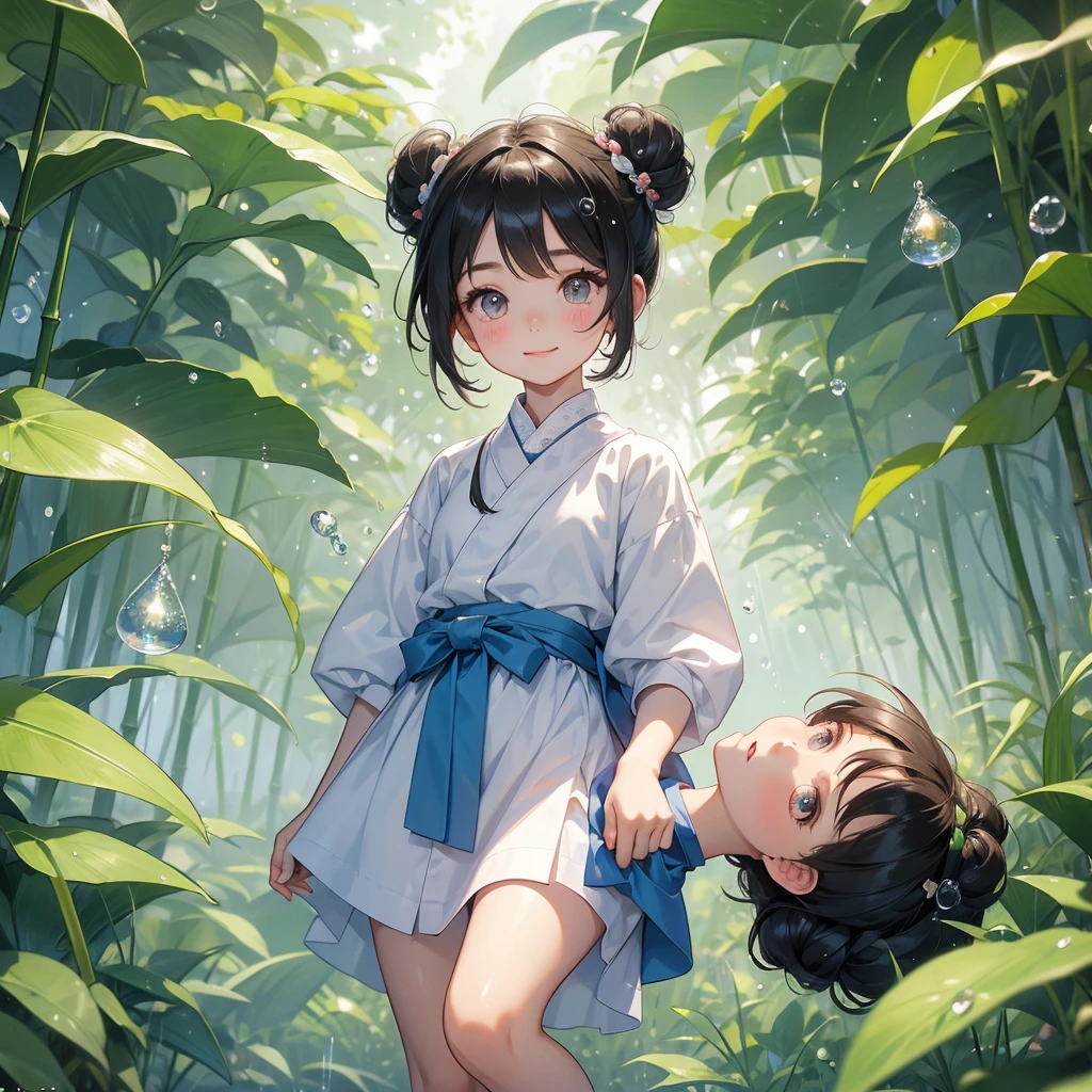 A chibi child girl had a small face and wearing a little tourist priest’s outfit, a pair of big round eyes shone with curiosity about him. This child was so cute, her hair is black with buns on her hair. Small chibi , chibi baby, smiling , chibi.
The back is a lush green bamboo forest. The air after rain has water droplets splashing around.