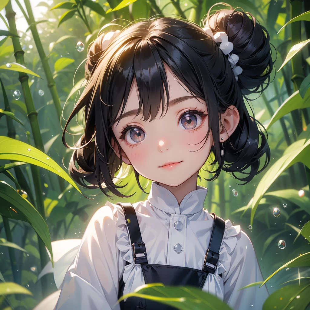 A chibi  girl had a small and wearing a little tourist priest’s outfit, a pair of big round eyes shone with curiosity about him. This child was te, her hair is black with buns on her hair. Small chibi , chibi baby, smiling ,bi. 

The back is a lush green bamboo forest. The air after rain has water droplets splashing around.