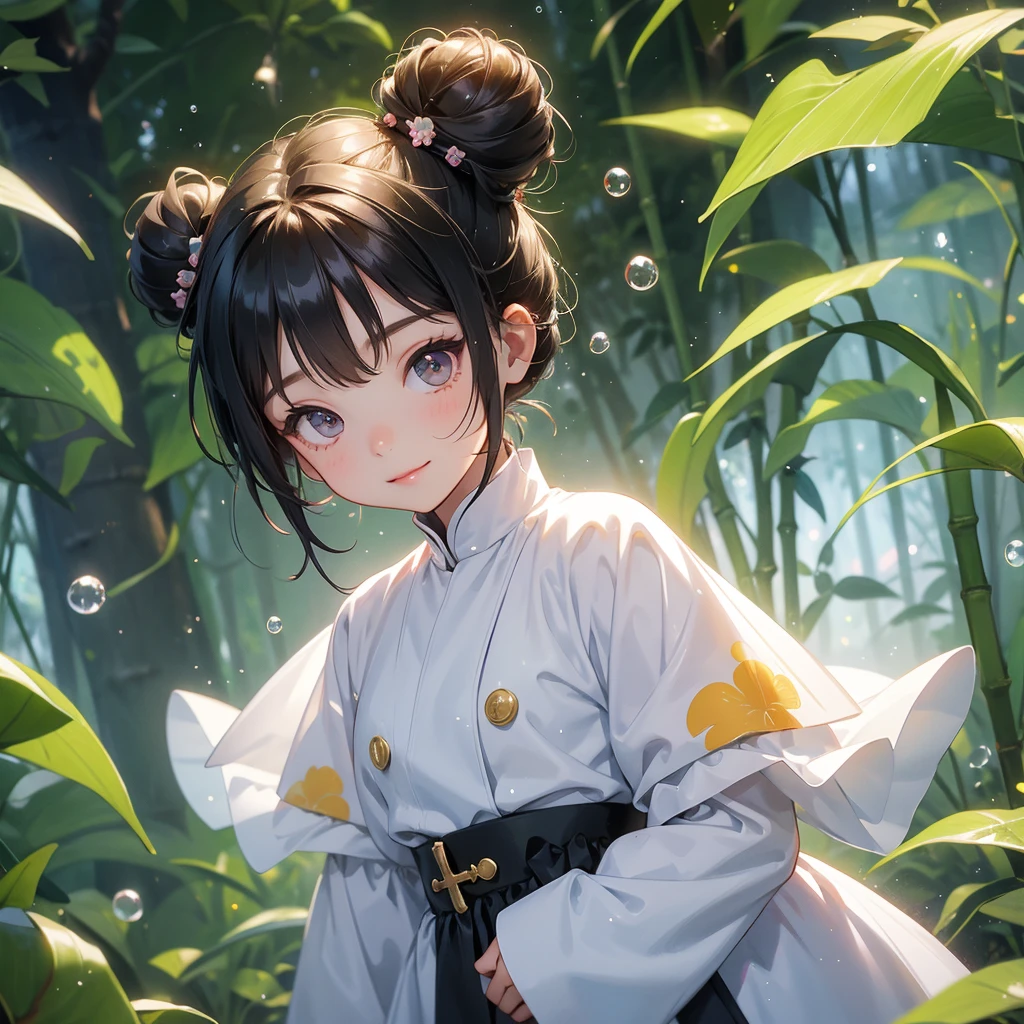 A chibi child girl had a small face and wearing a little tourist priest’s outfit, a pair of big round eyes shone with curiosity about him. This child was so cute, her hair is black with buns on her hair. Small chibi , chibi baby, smiling , chibi. 

The back is a lush green bamboo forest. The air after rain has water droplets splashing around.