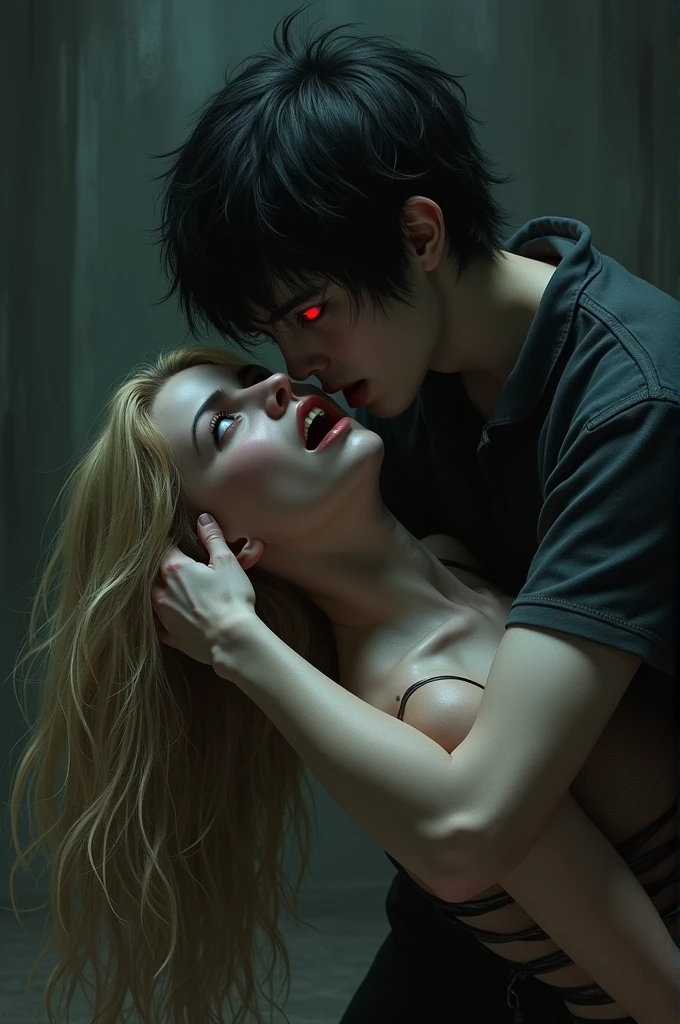 Make me a boy with black hair and red eyes. Who strangles a beautiful girl with very, very, very long blond hair. Obitą i bezsilną.