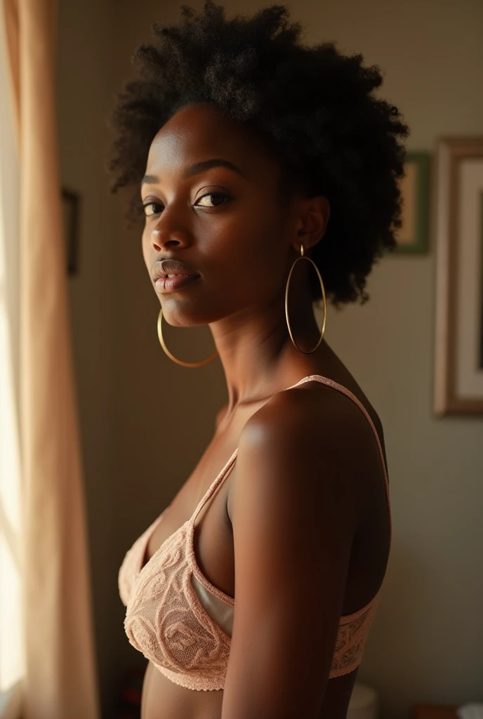 Generate a series of realistic photographs that capture everyday moments in a genuine and relatable manner. Picture scenes of black naked women after shower getting ready to get dressed, lingerie, candid expressions, and the beauty found in ordinary details.