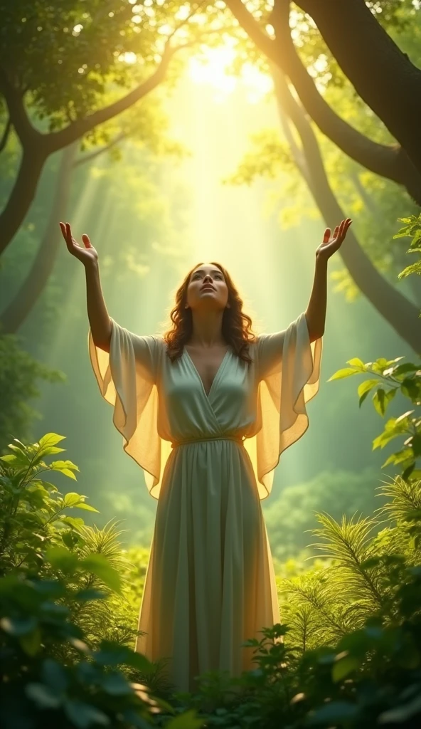 Background of woman in paradise with hands looking up to the sky with many trees around light of hope
